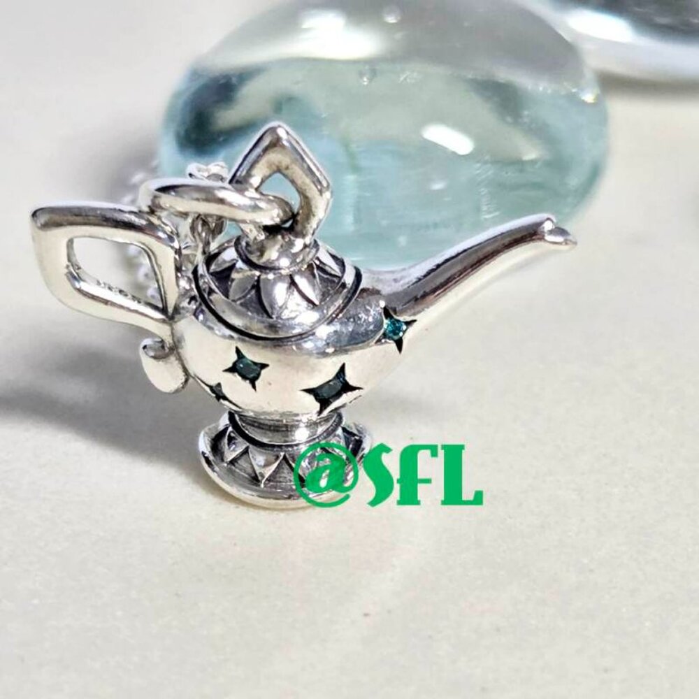 Authentic Pandora Disney Aladdin Magic Lamp Blue Stones Pendant Necklace Fairy